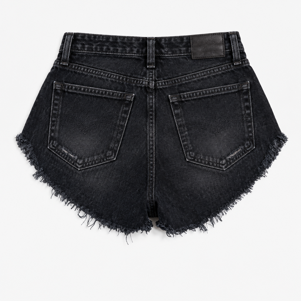 Back view of Wunderlust shorts with plain, unstudded denim and light distressing