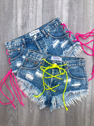 Rodeo Neon Yellow Lace Up Vintage Shorts